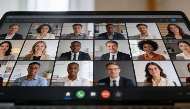 Diverse remote team collaborating on virtual conference call grid displayed on laptop