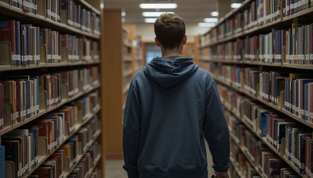 Teen walking down library aisle wearing blue hoodie back view among book stacks