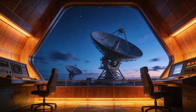 Hexagonal control room framing radio telescopes at twilight with glowing consoles