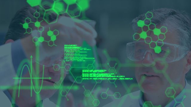 Useful for illustrating scientific research and innovation in biotechnology. Ideal for articles, presentations, and educational materials focusing on advanced chemistry, data analysis in laboratories, and scientific teamwork. Depicts high-tech interface, global science, and digital communication in scientific contexts.