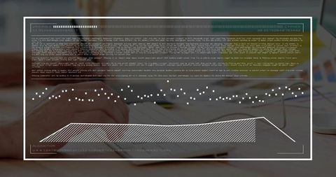 Hands typing and writing overlaid with animated finance graphs and dashboard infographic
