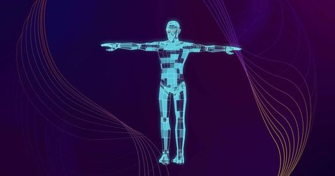 Cyan wireframe humanoid t-pose neon gradient for futuristic ai robotics data visualization