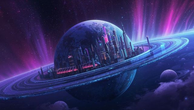 Futuristic City on a Ringed Planet in Vivid Neon Outer Space