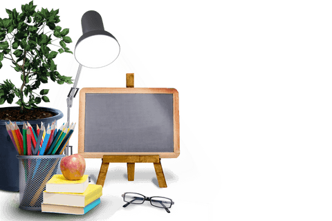 Transparent Blackboard with Pencils and Books for Education Themes