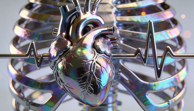 Iridescent metallic heart rotating inside holographic ribcage with chrome ekg rod