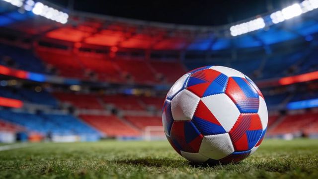 Close-up white soccer ball with red and blue panels resting on grass pitch under floodlights
