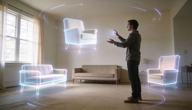 Arranging ar furniture in living room using holographic interior design visualization
