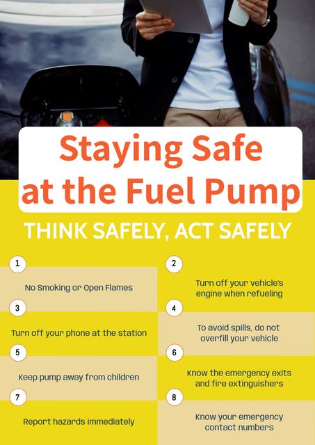 Ideal for transportation safety campaigns, automotive service materials, and educational brochures. Includes essential safety instructions for avoiding hazards at fuel stations, making it useful for informational posters and industry safety guides.