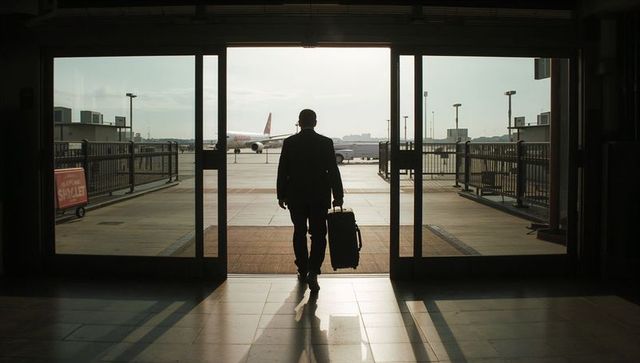 Business traveler walking through sliding doors pulling suitcase to airplane silhouette
