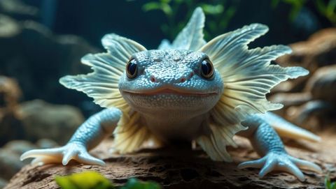 Vibrant axolotl resting with feathery gills in aquarium