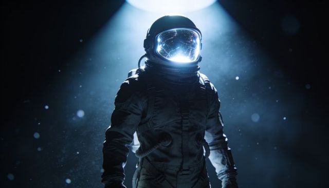 Astronaut standing under spotlight wearing reflective visor and pressurized suit
