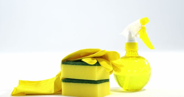 Cleaning Supplies Set with Spray Bottle, Sponges, and Gloves in Yellow - Download Free Stock Images Pikwizard.com