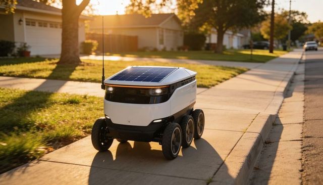 Rolling 6-wheel autonomous delivery robot cruising sunlit suburban sidewalk with solar panel