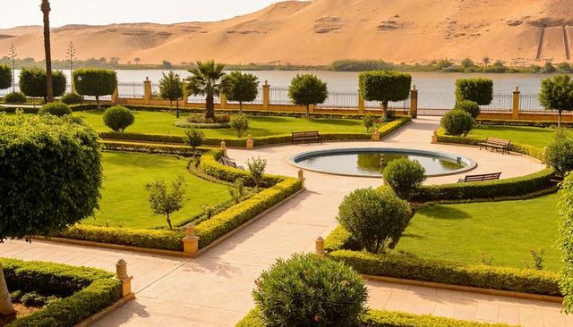 Sunlit riverside formal garden with circular reflecting pool and symmetrical walkways