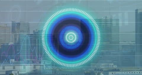 Futuristic Financial Data Visualization Overlay on Urban Cityscape