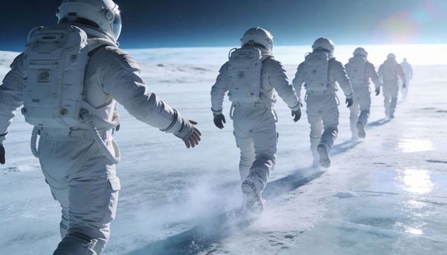 Astronaut Crew Traversing Frozen Lunar Plain Under Low Sunlight With PLSS Backpacks