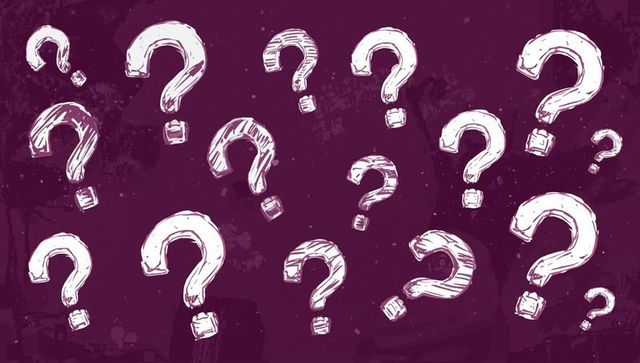 Multiple white hand-drawn question marks on purple background