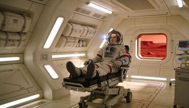 Astronaut reclining on medical gurney in futuristic spacecraft medbay with helmet lamp
