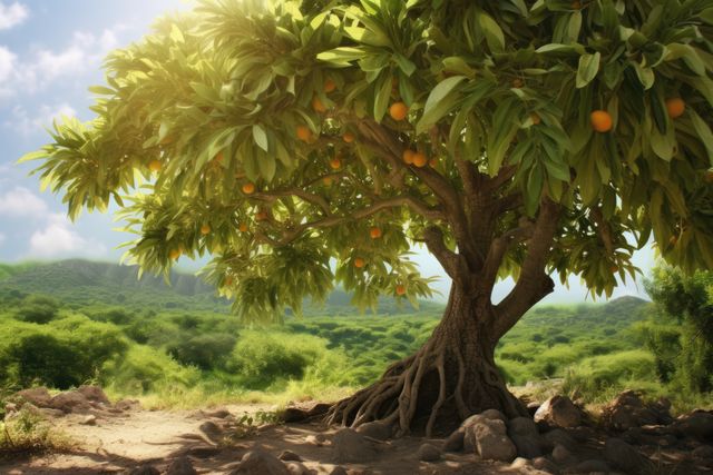 This scene showcases a lush fruit tree basking in sunlight, with visible roots and bountiful fruit hanging from its branches. The background features verdant greenery and distant mountains under a clear, blue sky. Ideal for use in agriculture promotions, environmental campaigns, and posters depicting rural and natural beauty.