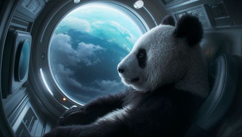 Giant panda astronaut gazing at blue planet through futuristic spacecraft porthole