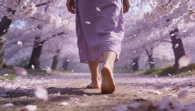 Barefoot woman walking through cherry blossom pathway in lavender dress under falling petals