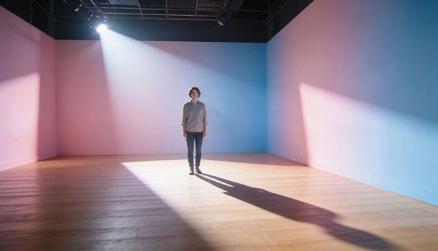 Young man standing under spotlight casting long shadow on pastel studio stage