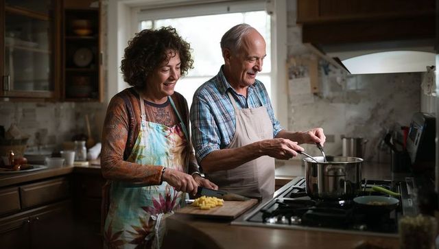 Senior Couple Cooking Together in Sunlit Rustic Kitchen Stirring Pot and Chopping Veggies