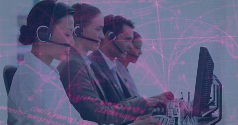 Call center agents in modern work environment with digital data
