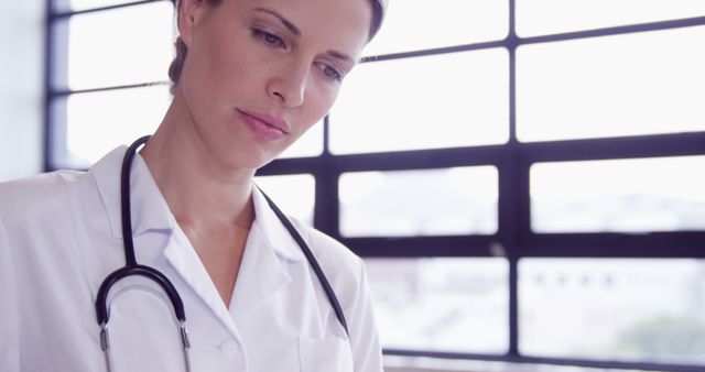 Focused Female Doctor with Stethoscope in Modern Clinic - Download Free Stock Images Pikwizard.com