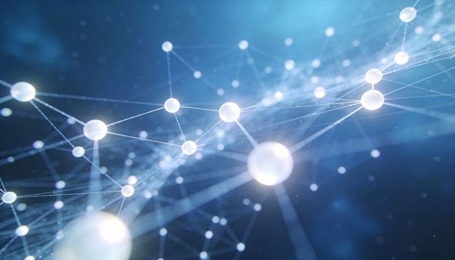 Glowing neural mesh connecting data nodes across blue digital network with luminous orbs