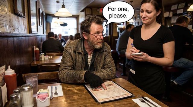 Man in leather jacket pointing at menu while ordering from waitress in cozy diner