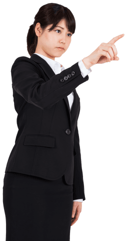 Transparent image of biracial business woman pointing with authority