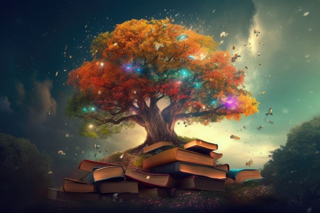 Books with tree over colourful light spots and landscape, created using generative ai technology - Download Free Stock Photos Pikwizard.com