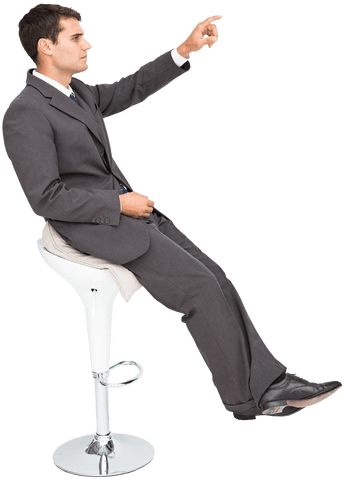 Transparent Businessman in Suit Pointing Utilizing Stool