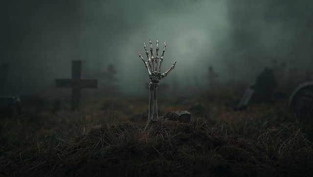 Skeletal Hand Rising from Grave in Foggy Cemetery