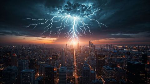 Dramatic Lightning Over Cityscape at Dusk Capturing Intense Energy