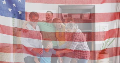 Blended American Flag and Happy Caucasian Family Celebrating Together