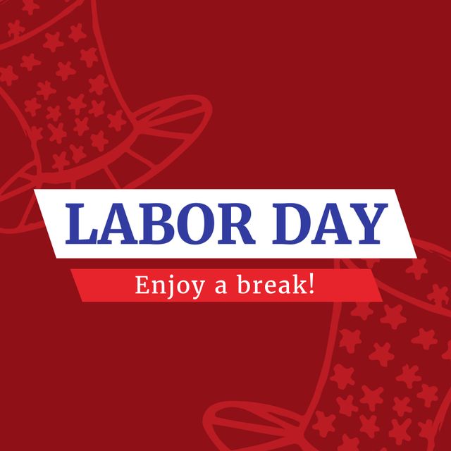 Labor Day banner features patriotic text and hat illustrations against a bold red background. Perfect for promoting Labor Day events, social media posts, and holiday greetings. Use it as an eye-catching graphic for newsletters or websites during the holiday period.