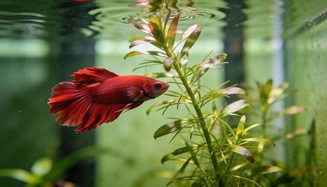 Swimming red betta fish gliding among fine-leaved aquarium plants with surface ripples
