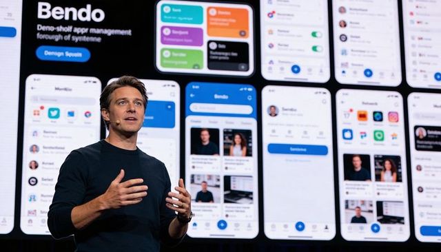 Founder presenting mobile app demo on stage with large ui screens, headset, keynote