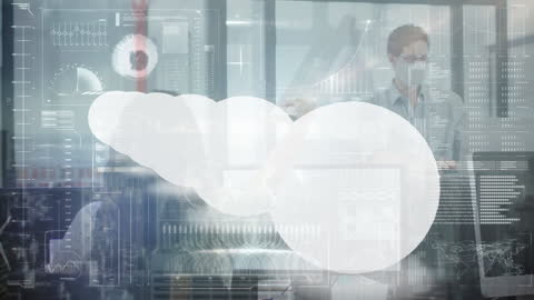 Masked Businesspeople Analyzing Data with Futuristic Digital Interface