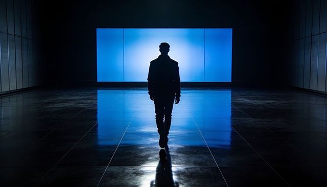 Silhouetted man walking toward glowing blue screen in dark modern atrium with reflective tiles