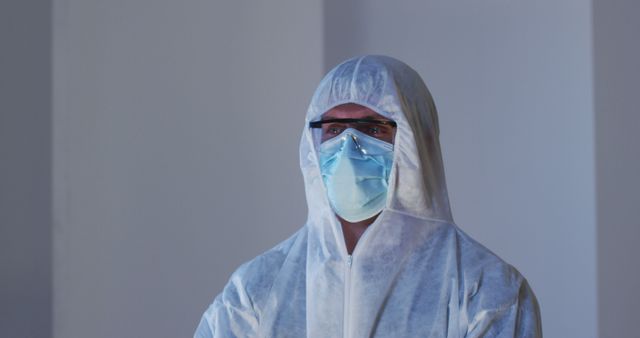 Health worker is wearing a full-body protective suit, face mask, and goggles. Image depicts safety and preventive measures taken by healthcare professionals, especially during a pandemic. Ideal for use in articles, presentations, or content related to healthcare, infectious diseases, and medical safety protocols.