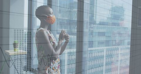 Businesswoman Pondering in Office Amidst COVID-19 Data Overlay