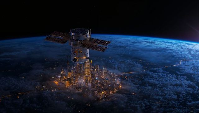 Orbiting satellite hovering above illuminated coastal metropolis in low earth orbit at dawn