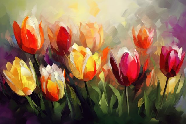 Image showcasing vibrant blossoming tulips with artistic brush strokes, capturing the beauty of spring. Perfect for use in gardening blogs, floral-themed decor, and nature art websites.