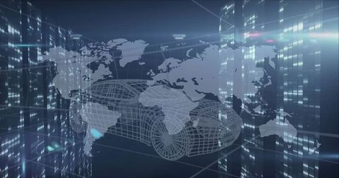 Futuristic 3D Wireframe Car Model with World Map Overlay