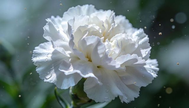 White carnation macro with dewy ruffles and soft bokeh pollen for elegant floral design