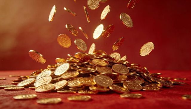 Gold coins falling onto red cloth pile, shining currency representing wealth and abundance