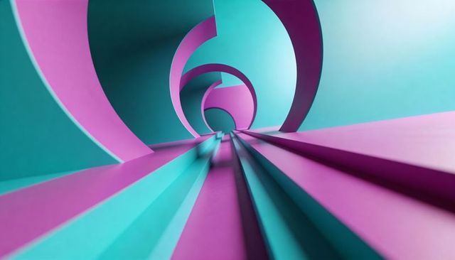Spiraling geometric tunnel with magenta and teal ridges drawing eye to vanishing point